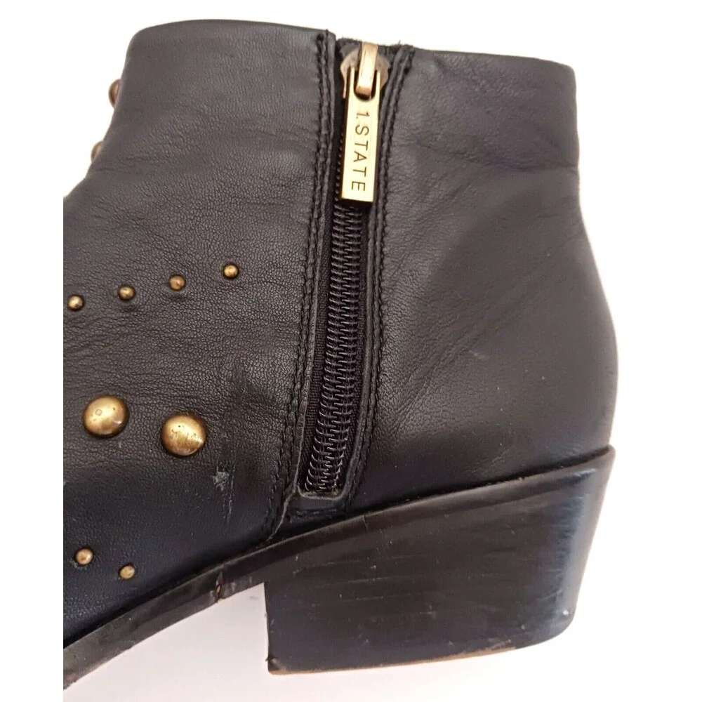 1. State Sobel Blk Leather Bootie Starburst Brass Studs Point Toe Sz 6.5